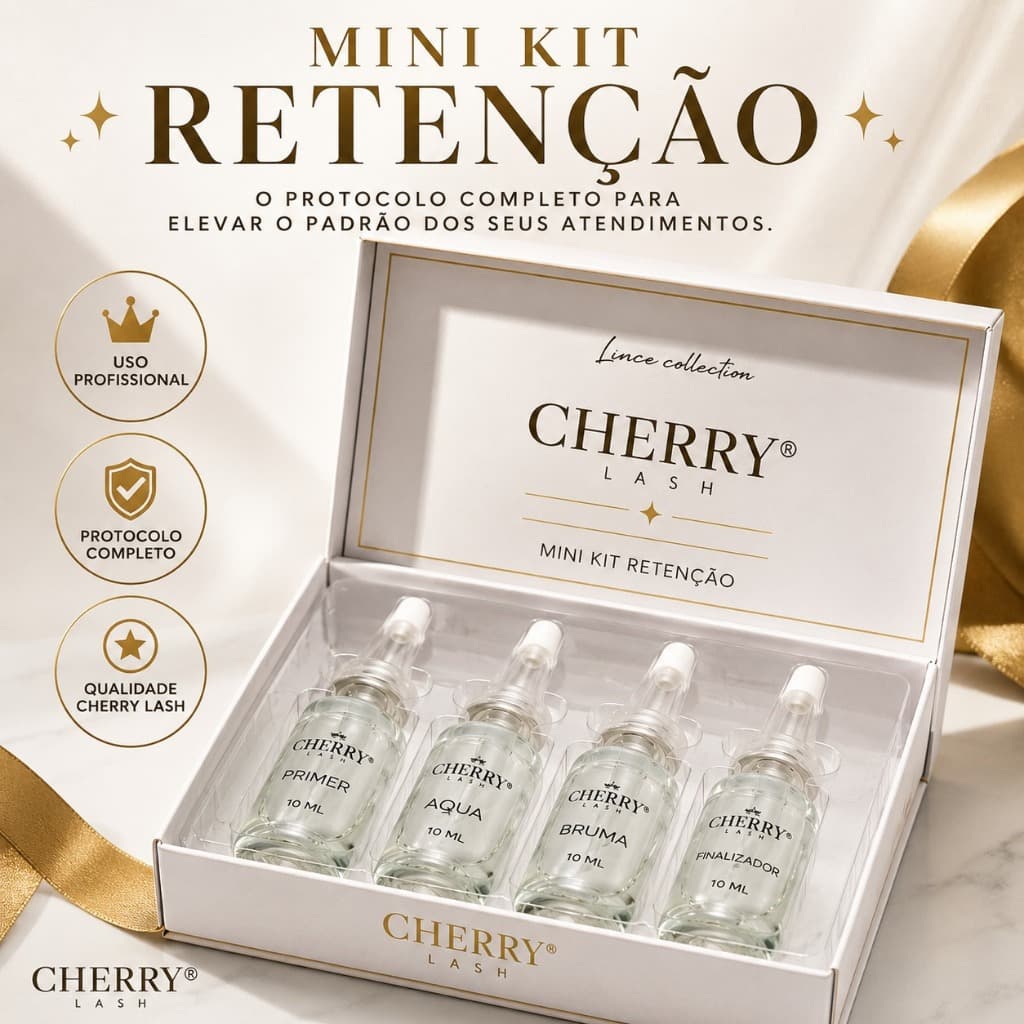 Kit Retenção Mini Cherry Lash Extensão de Cílios Primer Acqua Bruma Finalizador Kit Lash Designer