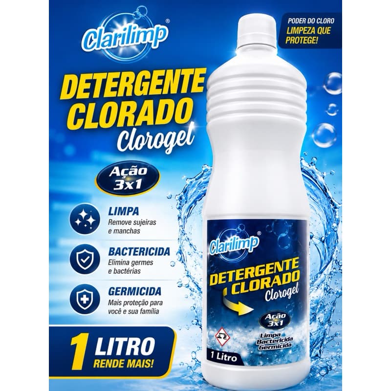 Detergente Clorado 1L Clorogel 3 em 1 | Limpa, Desinfeta e Substitui Água Sanitária