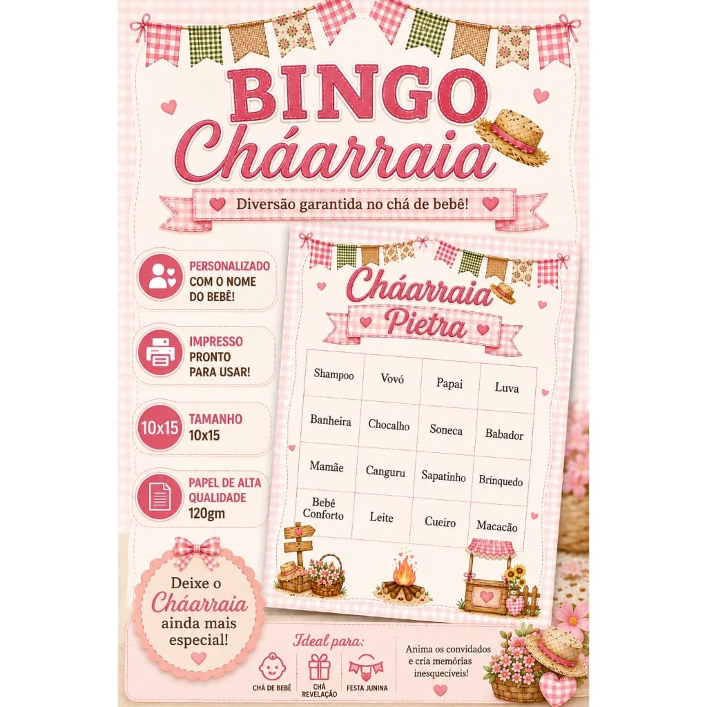 Bingo Junino Cháarraia Personalizado | Chá de Bebê Menina | Tema Festa Junina | Chá de Fraldas