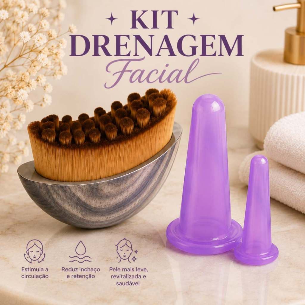 Kit Drenagem Facial Escova Massageadora + 2 Ventosas de Silicone Skincare Anti Inchaço Massagem Facial