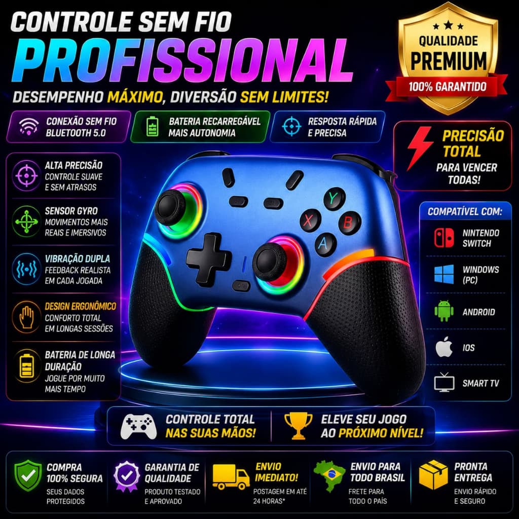 Controle Gamer Sem Fio Compatível Switch Oled Lite Steam PC Bluetooth T&Z X9