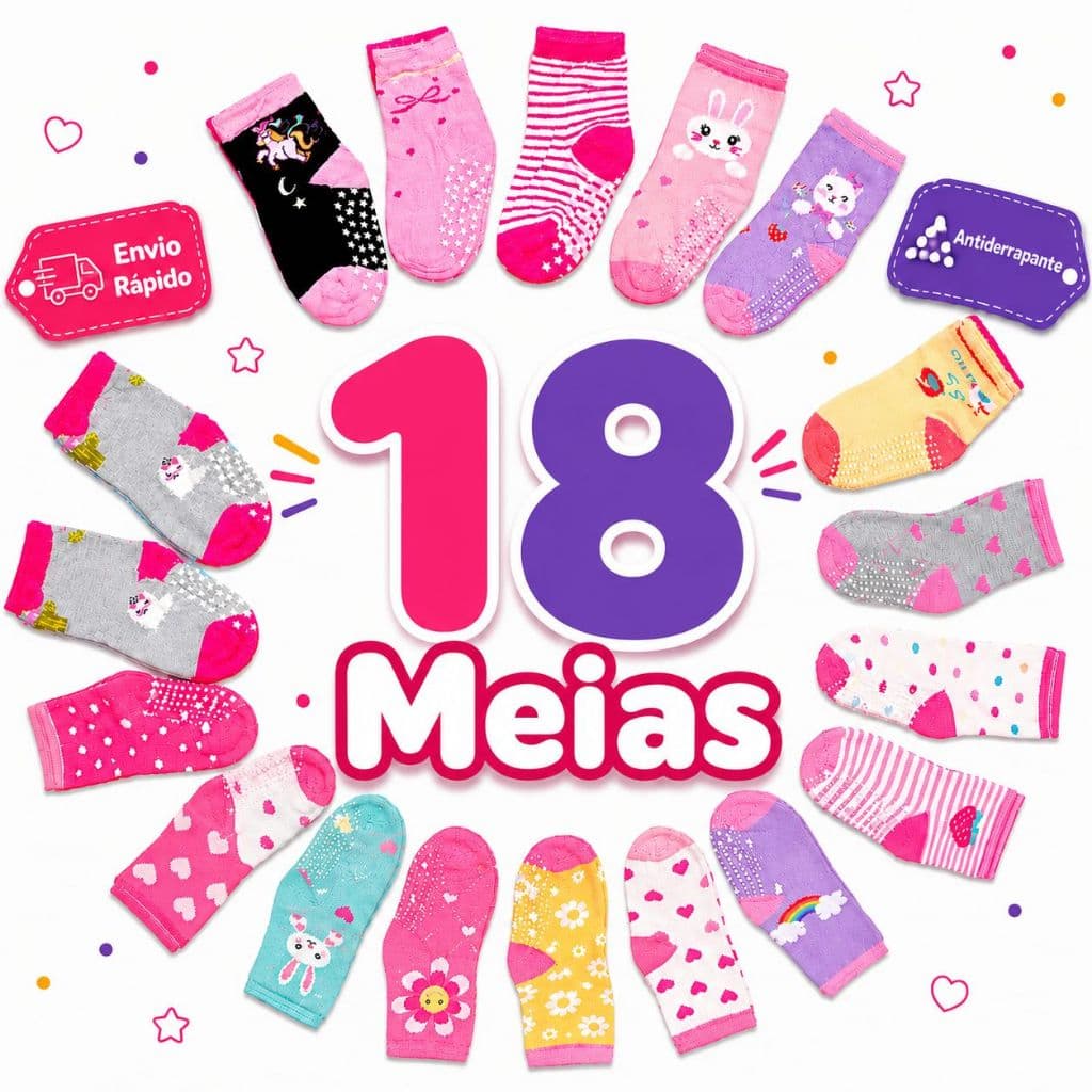Kit 9 Pares Meia Bebê Meninas Confortável Para Sua Princesa Estampas Sortidas E Coloridas Qualidade