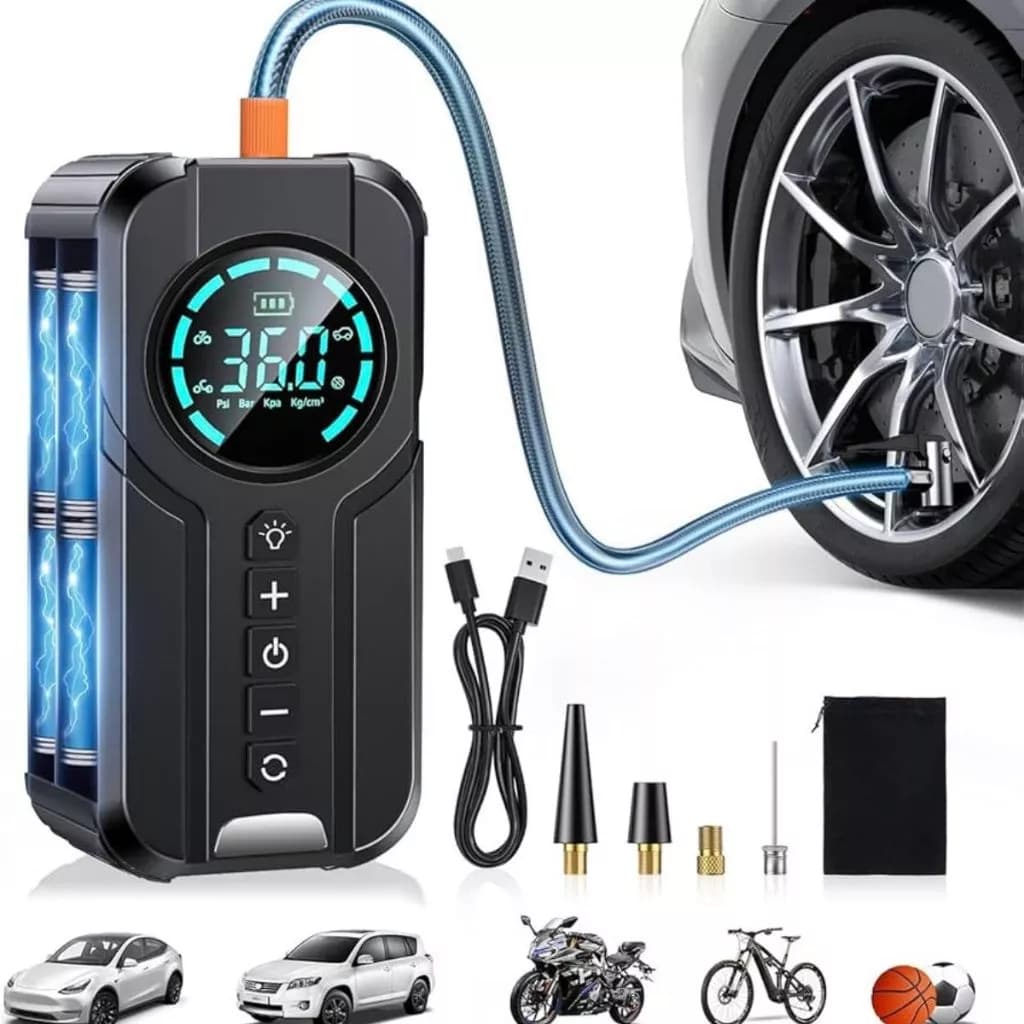 Compressor de Ar Portátil Digital Recarregável Inflador Pneu Carro Moto Bike USB LED