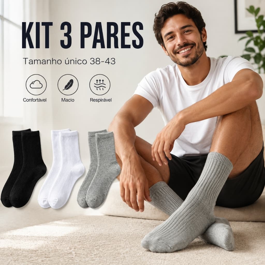Kit 6 Pares Meia Masculina Cano Médio Canelada Premium