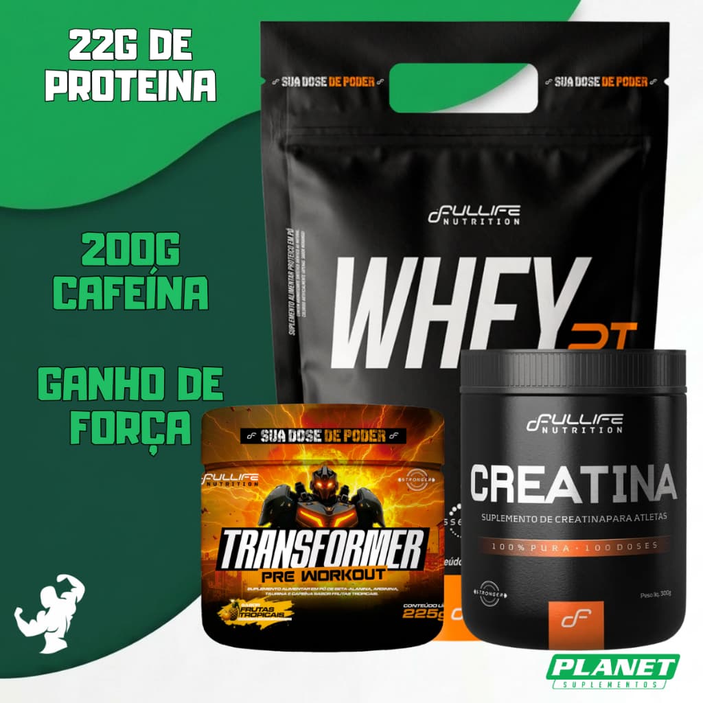 Kit Whey Refil + Creatina 300g + Pré Treino 225g Fullife Ganho de Força  Massa Magra Foco e Energia