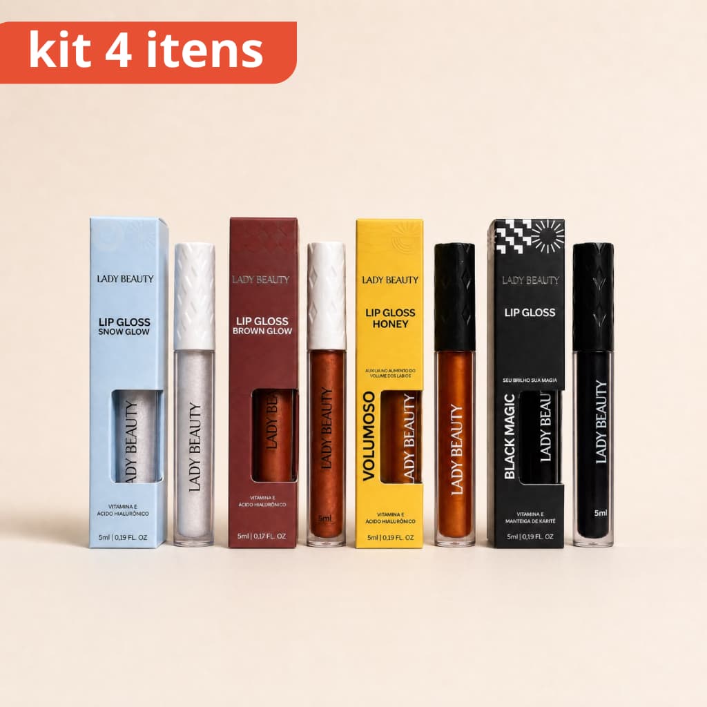 Kit 4 Lip Gloss Lady Beauty Completo Hidratante Ácido Hialurônico Vitamina E Brilho Intenso Maquiagem Profissional
