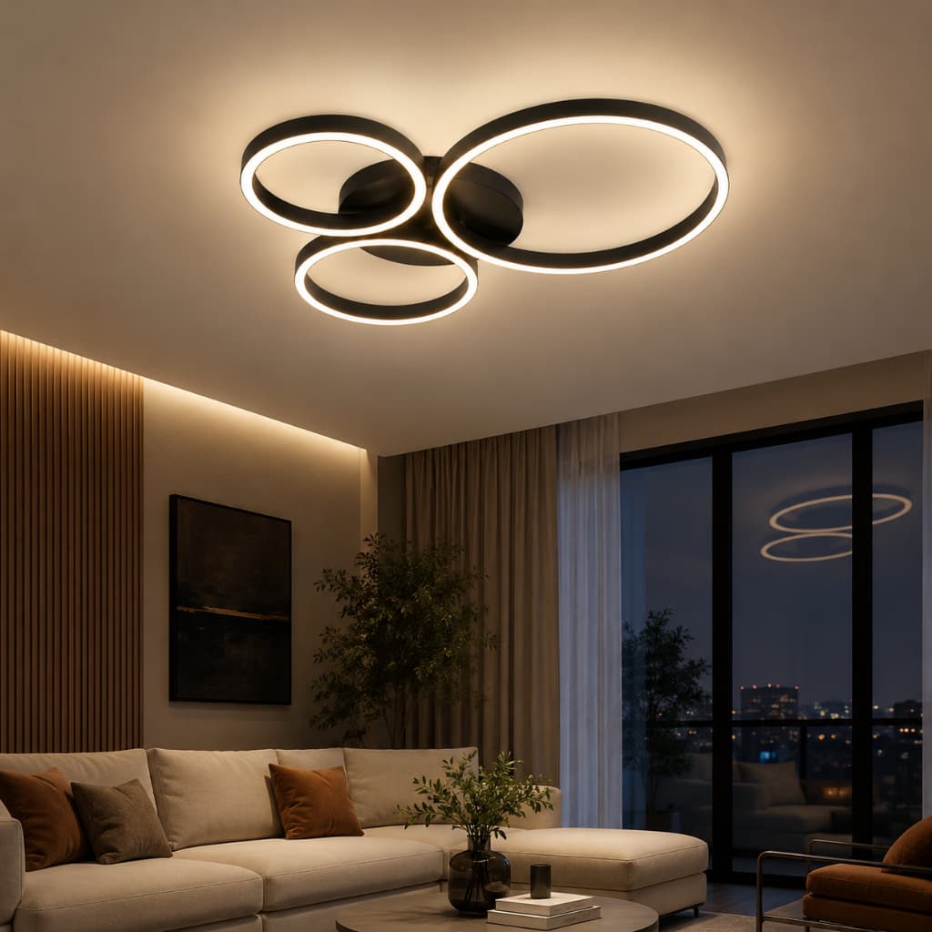 Luminária Plafon Teto Led Sobrepor 3 Anéis Redondo Preto