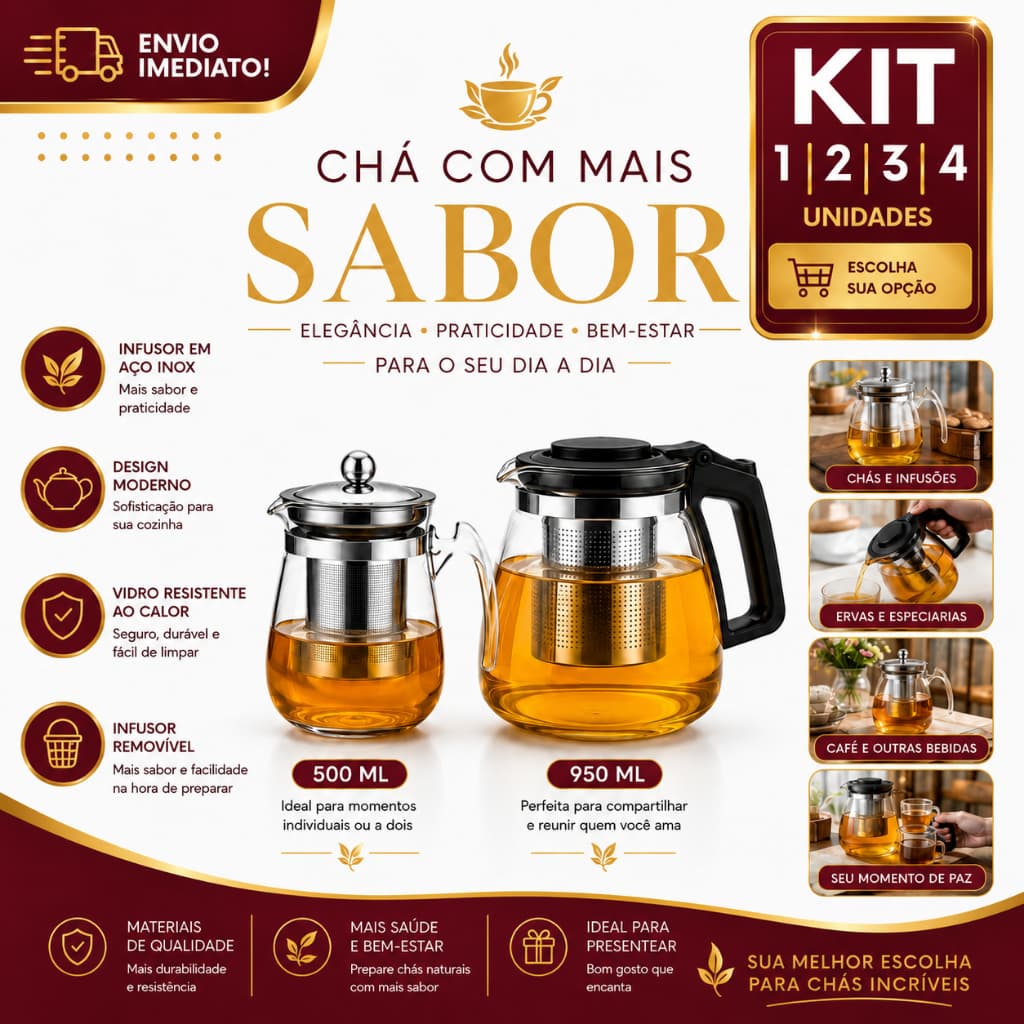 Chaleira Bule de Vidro 1/2/3/4 para Chá 500ml e 950ml com Infusor Aço Inox Filtro Premium Resistente ao Calor