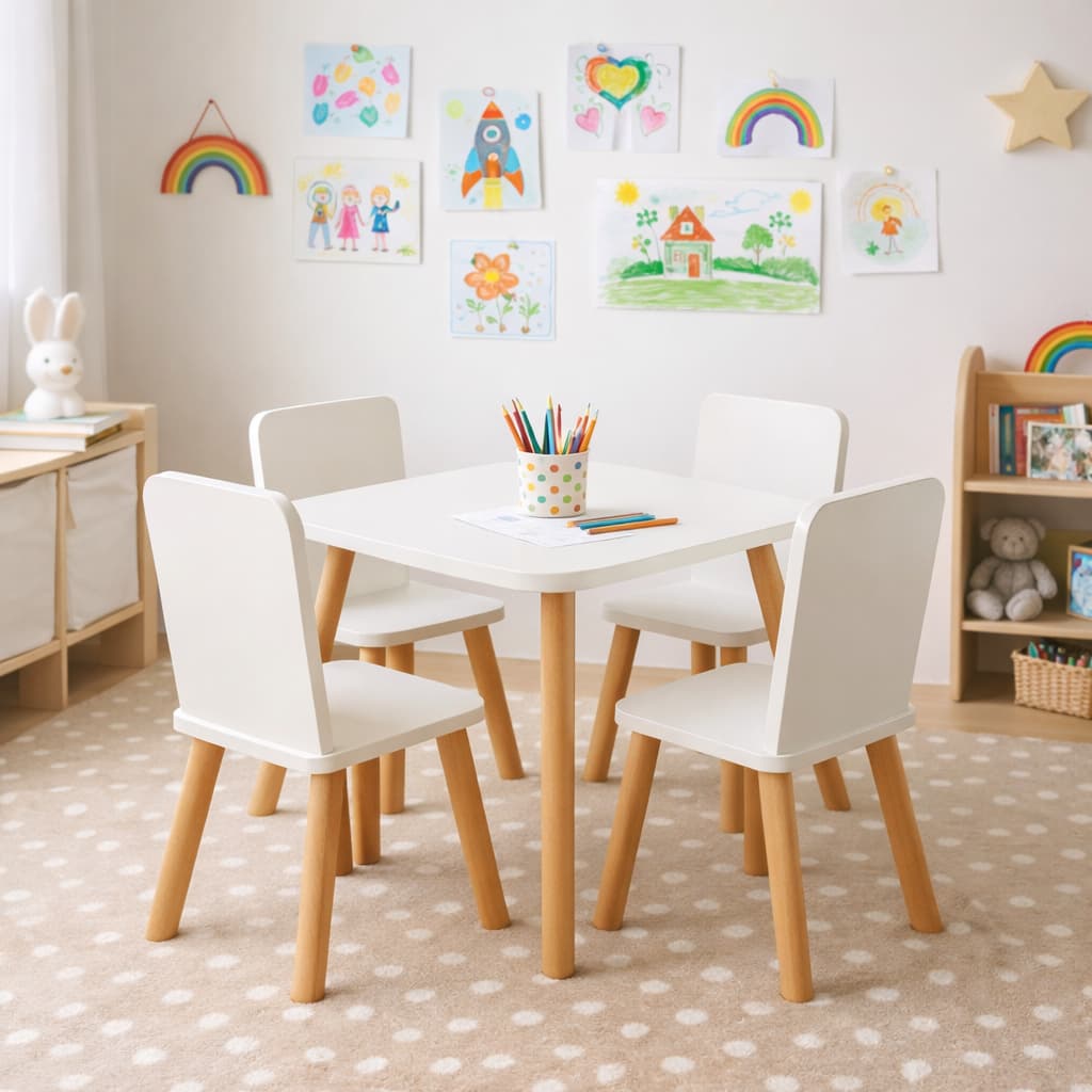 Conjunto Mesa com Cadeira Infantil Montessori MDF Branca Pés de Pinus Quarto Desenho Educativa