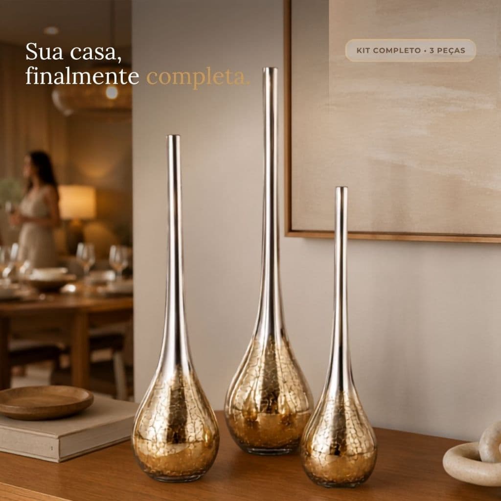 3 Vasos Decorativos Vidro Craquelado Metalizado Luxo