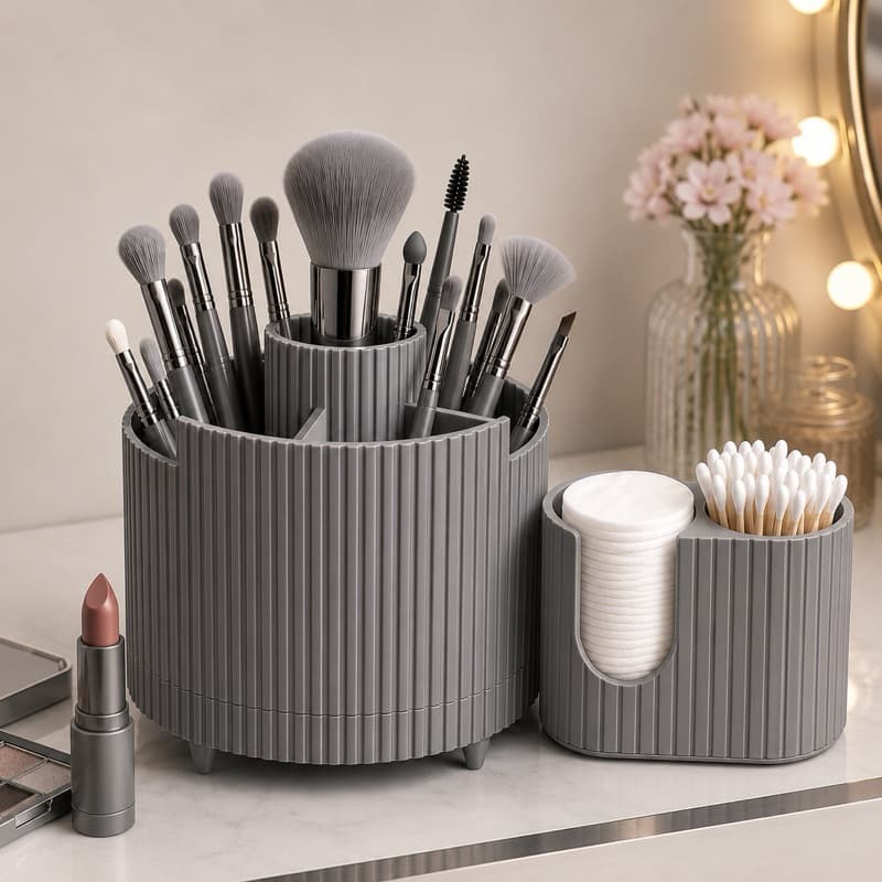 Kit Organizador de Maquiagem e Algodão 2 Peças | Porta Pincéis Giratório + Porta Algodão