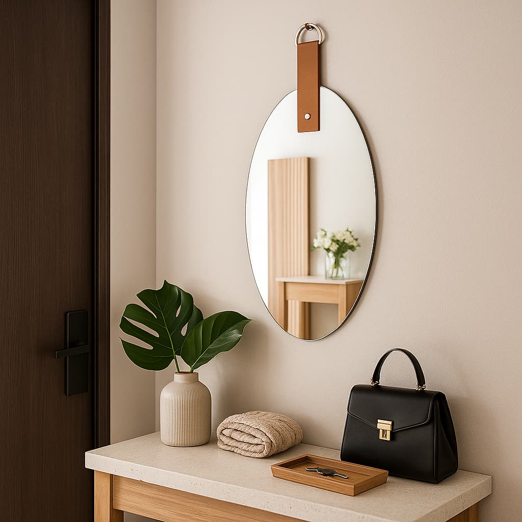 Espelho Decorativo Oval Lapidado Com Alça de Couro 20x30cm Estilo Moderno e Minimalista