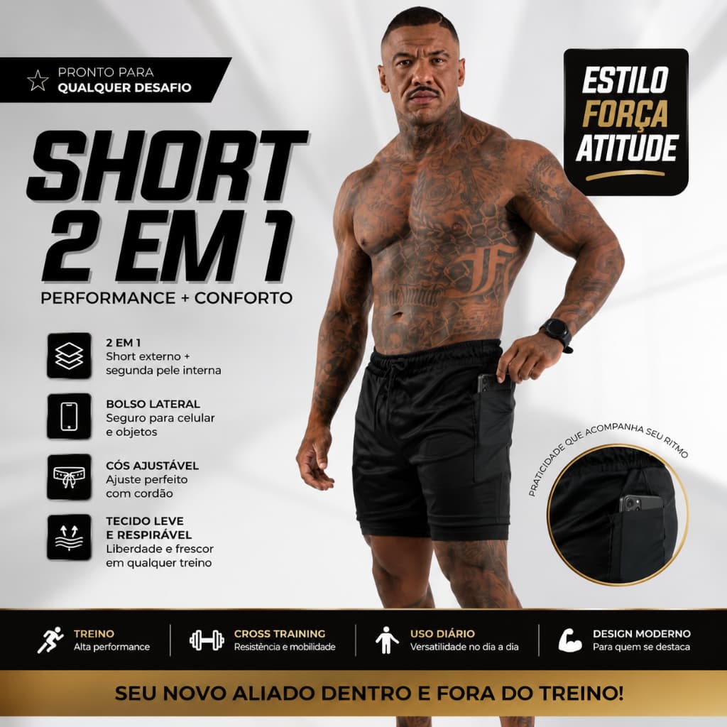 Short Masculino 2 em 1 Bermuda Compressão Bolso Interno Academia Treino Praia Proteção Solar Premium