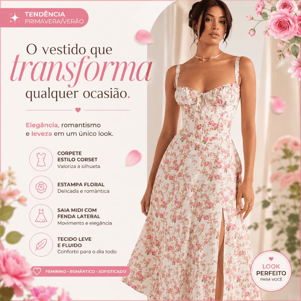 Vestido Midi Floral Feminino Branco Rosa Corset Alça Ajustável Com Fenda Elegante PP