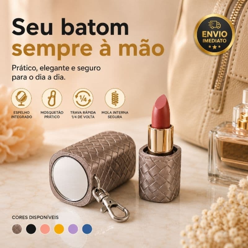 Porta Batom Chaveiro com Mosquetão e Espelho Vintage Organizador Bolsa Presente Feminino