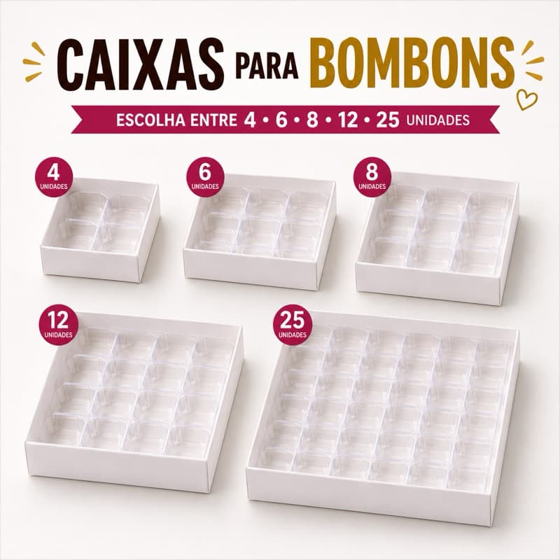 Caixa para Bombons com Berço e Tampa Transparente 4 a 25 Bombons Confeitaria Doces Embalagens
