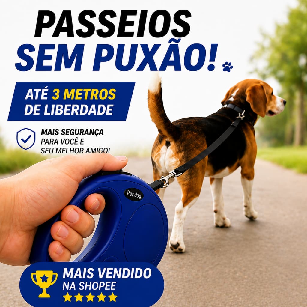 Guia De Passeio Retrátil 3/5 metros para Pet Cachorro Botão Controle Regulagem Segurança Pet Coleira