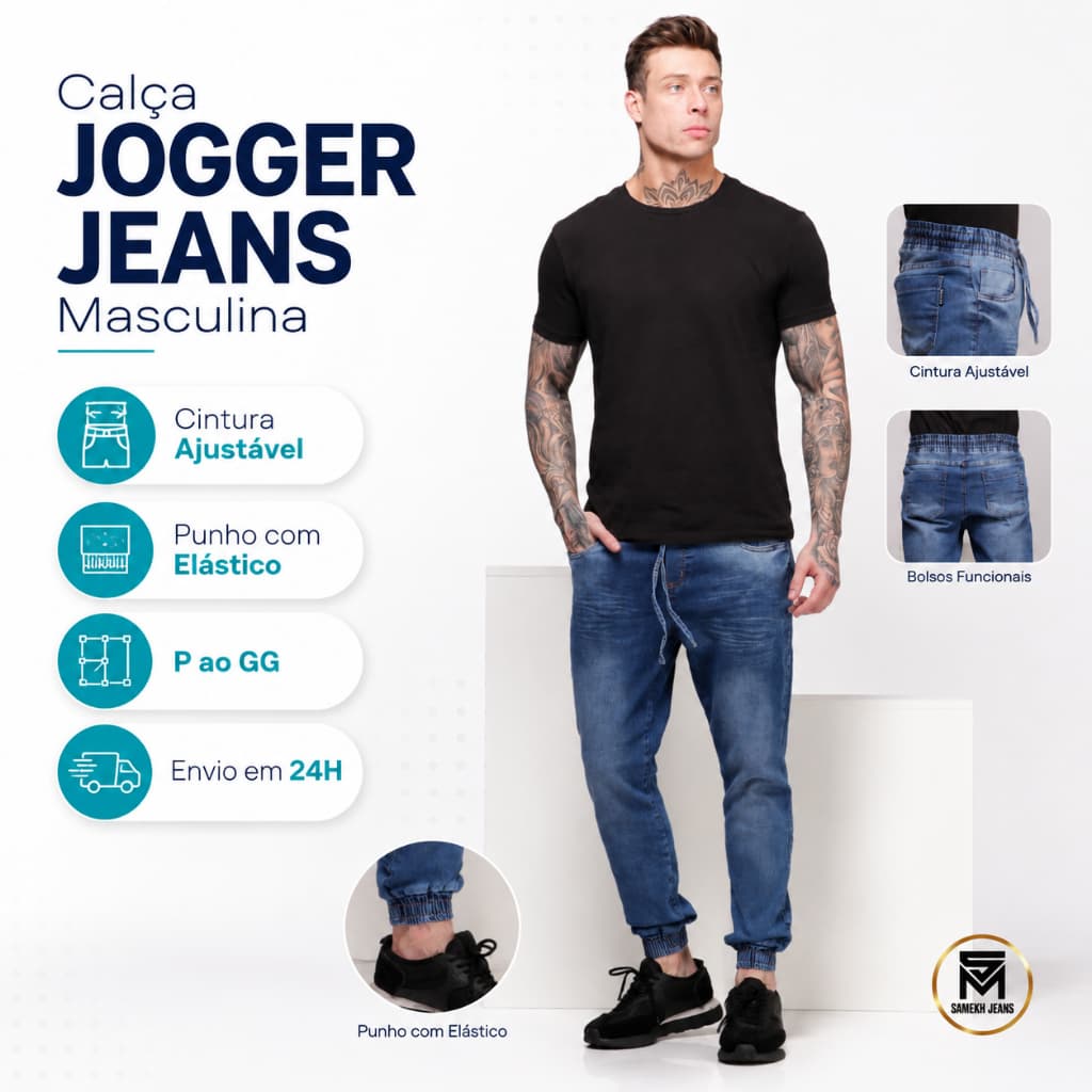 CALÇA JOGGER MASCULINA JEANS STRETWEAR COM PUNHO AJUSTAVEL  - Calca Joger para Homem 2026