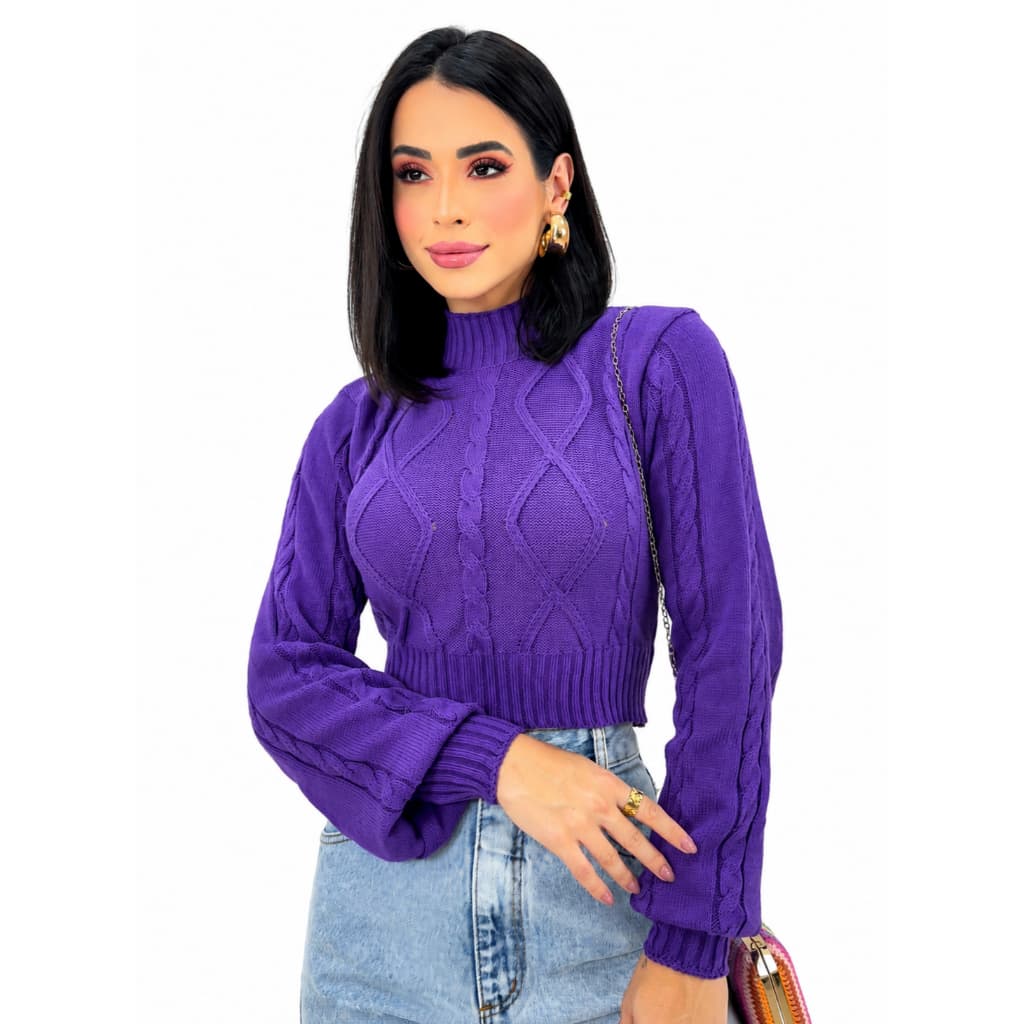 Blusa Feminina Tricô Modal Gola Alta Manga Bufante Trançada Cropped Inverno Tamanho Único