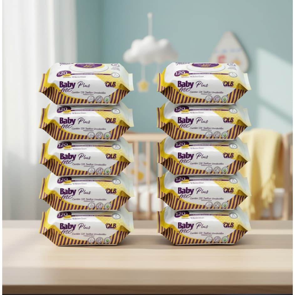 Caixa com 10 Lenços/Toalhas Umedecidas Baby Free Plus c/ 120 Unidades Cada – Tampa FlipTop