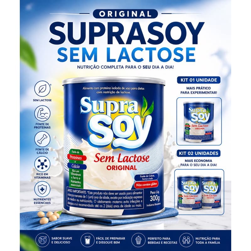 SupraSoy Sem Lactose Original  Alimento em Pó 300g Sem Gluten I Fonte de calcio e vitaminas A B2 B12