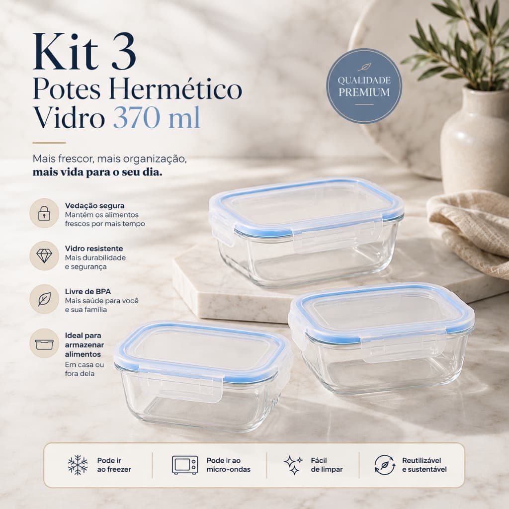 Kit  3 de Potes Herméticos de Vidro Marmita 370ml freezer Micro-ondas forno