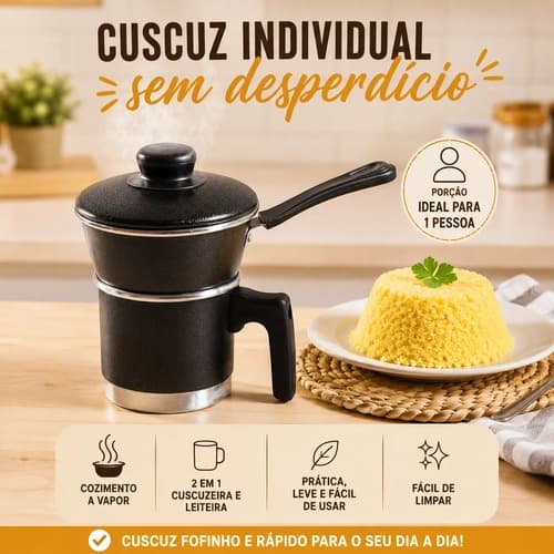 Kit 2 em1 Cuscuzeiro Individual Cuscuzeira Porção Única Panela de Cuscuz Cozimento a Vapor Caneca Leiteira Com Tampa