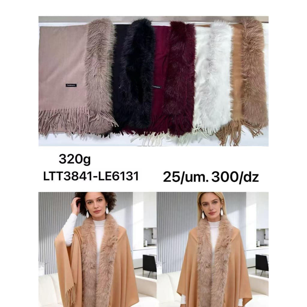 Echarpe Poncho Feminino de Cashmere com Gola de Pelo Sintético e Franjas LTT3841-LE6131