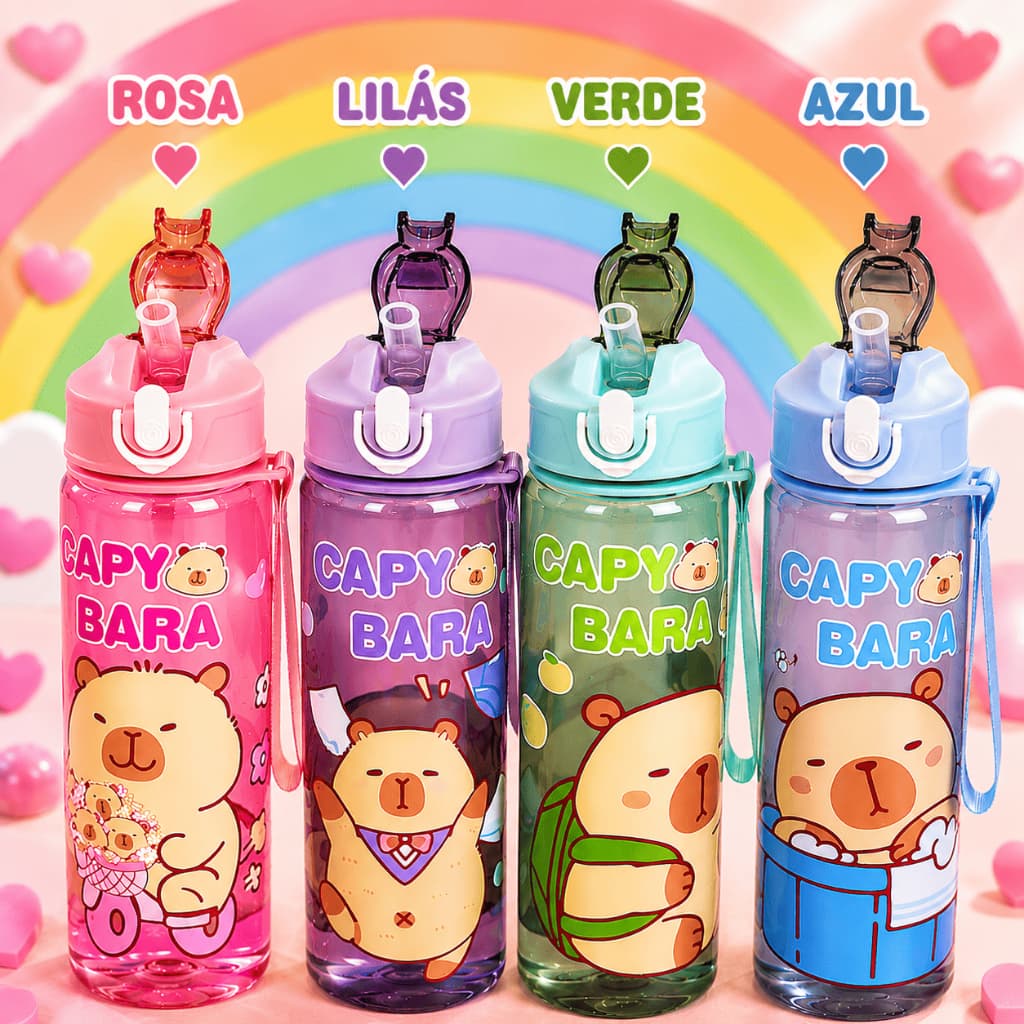 Garrafa Infantil Capivara 750ml com Canudo de Silicone e Alça | Super Resistente com Trava