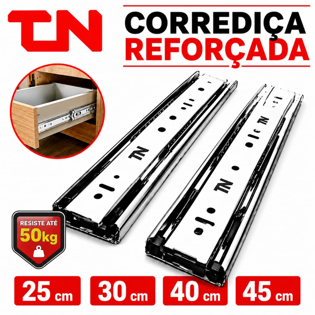 Corrediças Telescópica Reforçada Larga Tn Renna Fgvtn Gavetas Desliza Fácil