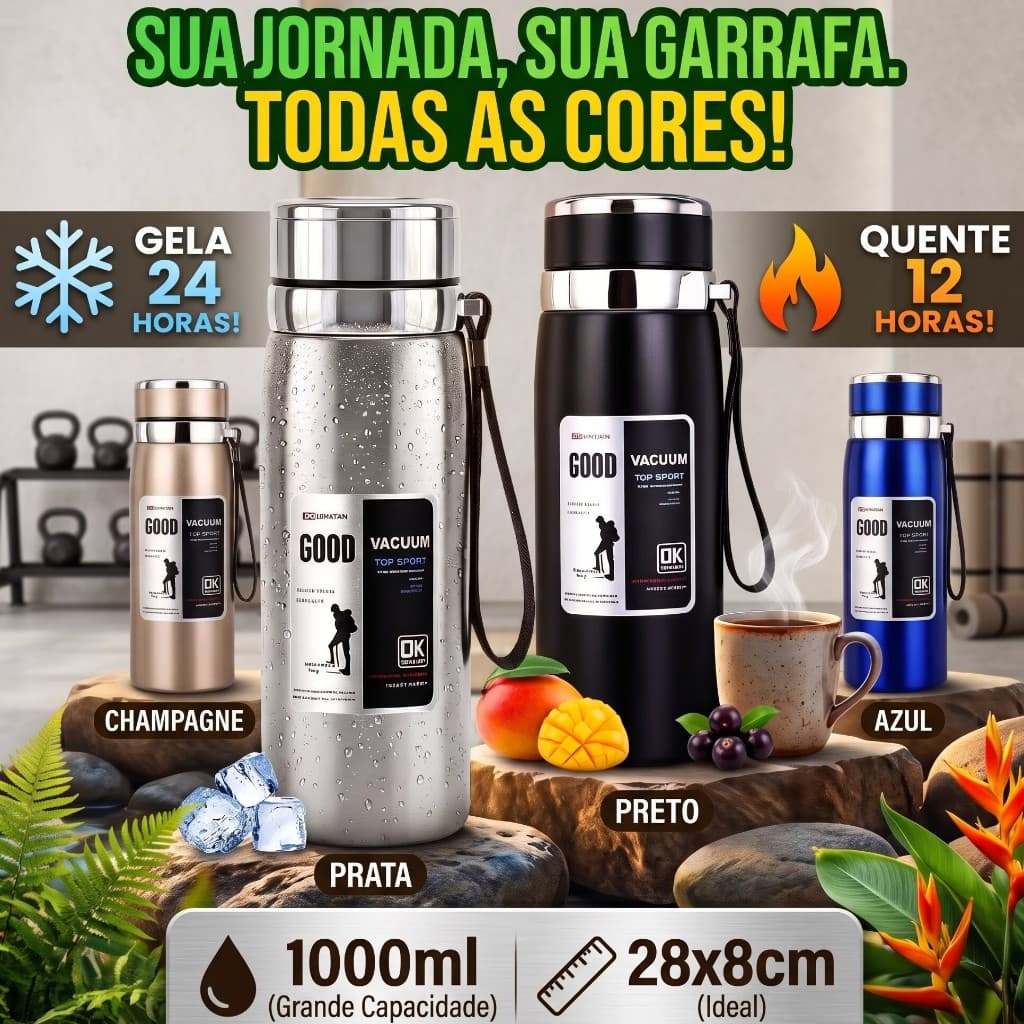 Garrafa térmica de aço inoxidável de 1000 ml, para água e café, refrigeração por 24 horas/isolamento térmico por 12horas