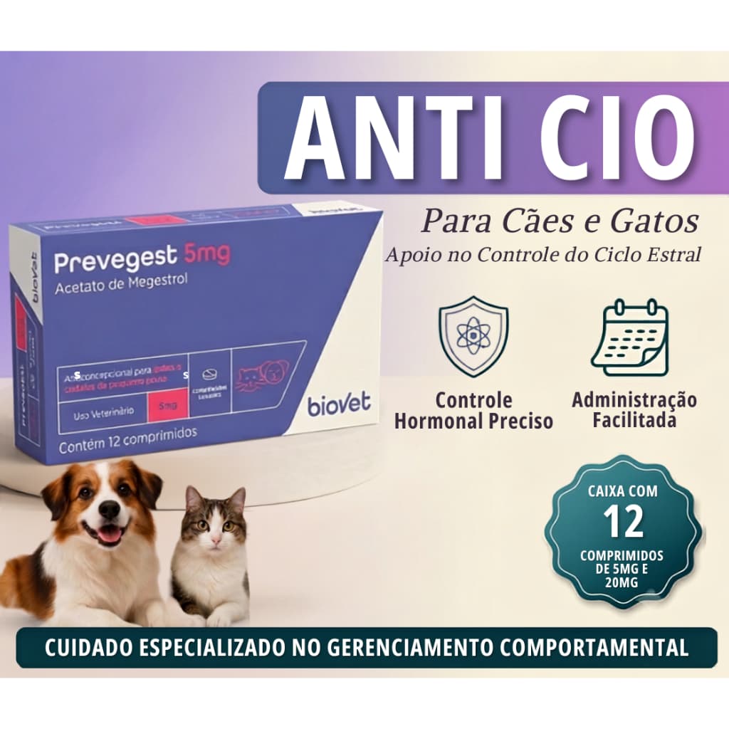 ANTI CIO PARA CADELAS E GATAS Prevegest 5mg OU 20mg - 12 Comprimidos - Biovet