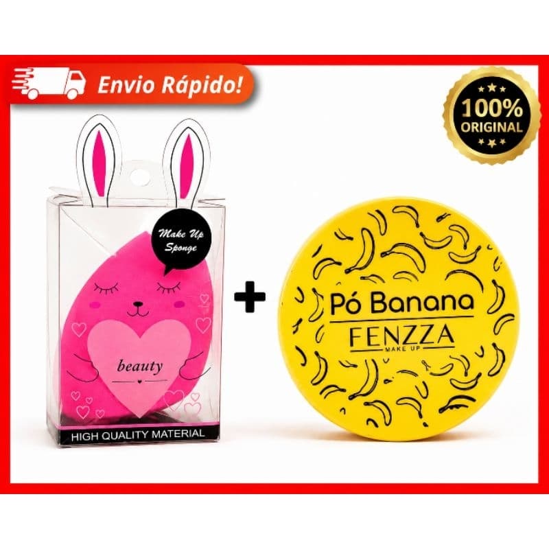 Kit Esponja para Maquiagem + Pó Banana Fenzza | Esponja Gota Macia + Pó Facial translúcido