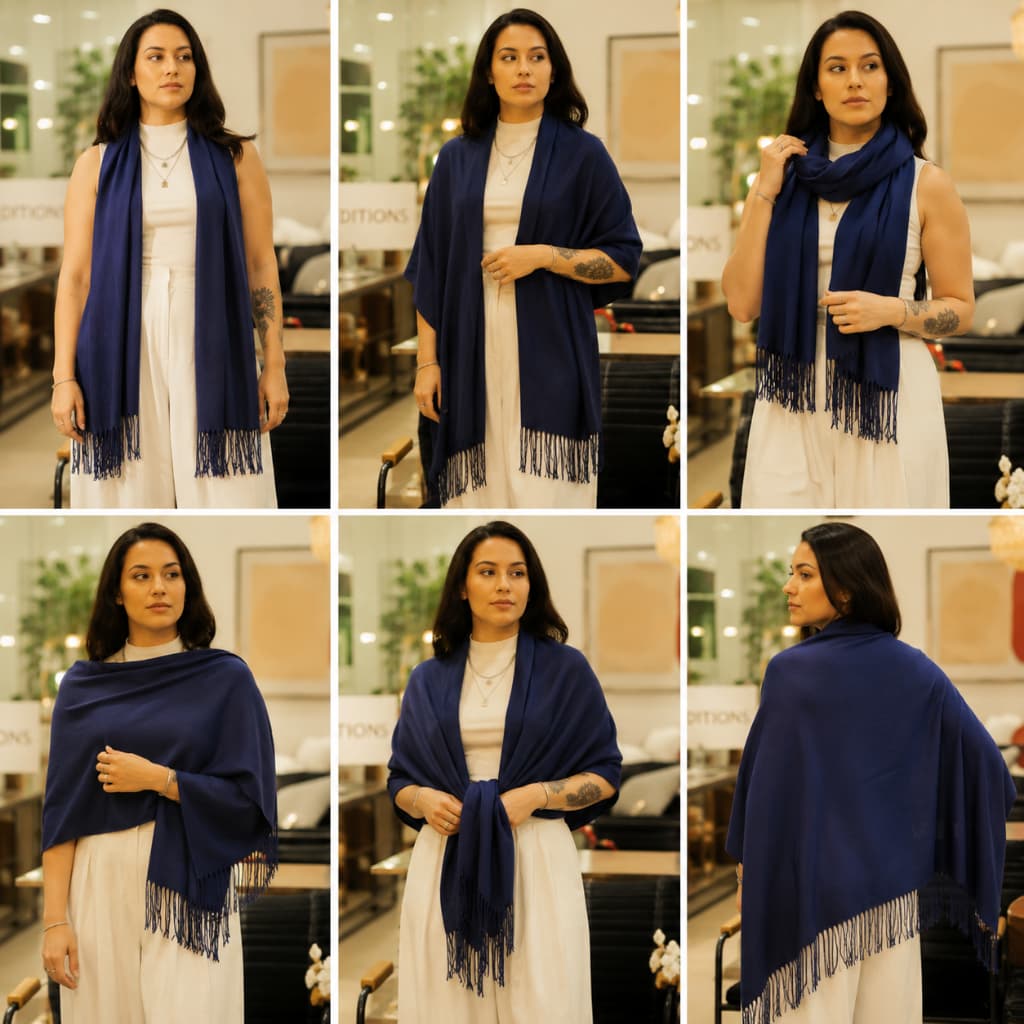 Cachecol Pashmina Azul Marinho Unissex 100% Poliéster Premium Elegante Versátil Moda Luxo