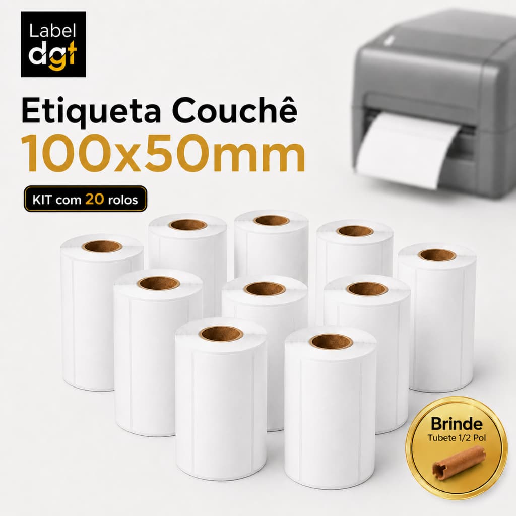 Kit 20 Etiquetas Couche 100x50mm sem Serrilha Zebra Argox Elgin + Brinde Tubete Ribbon 1/2 pol