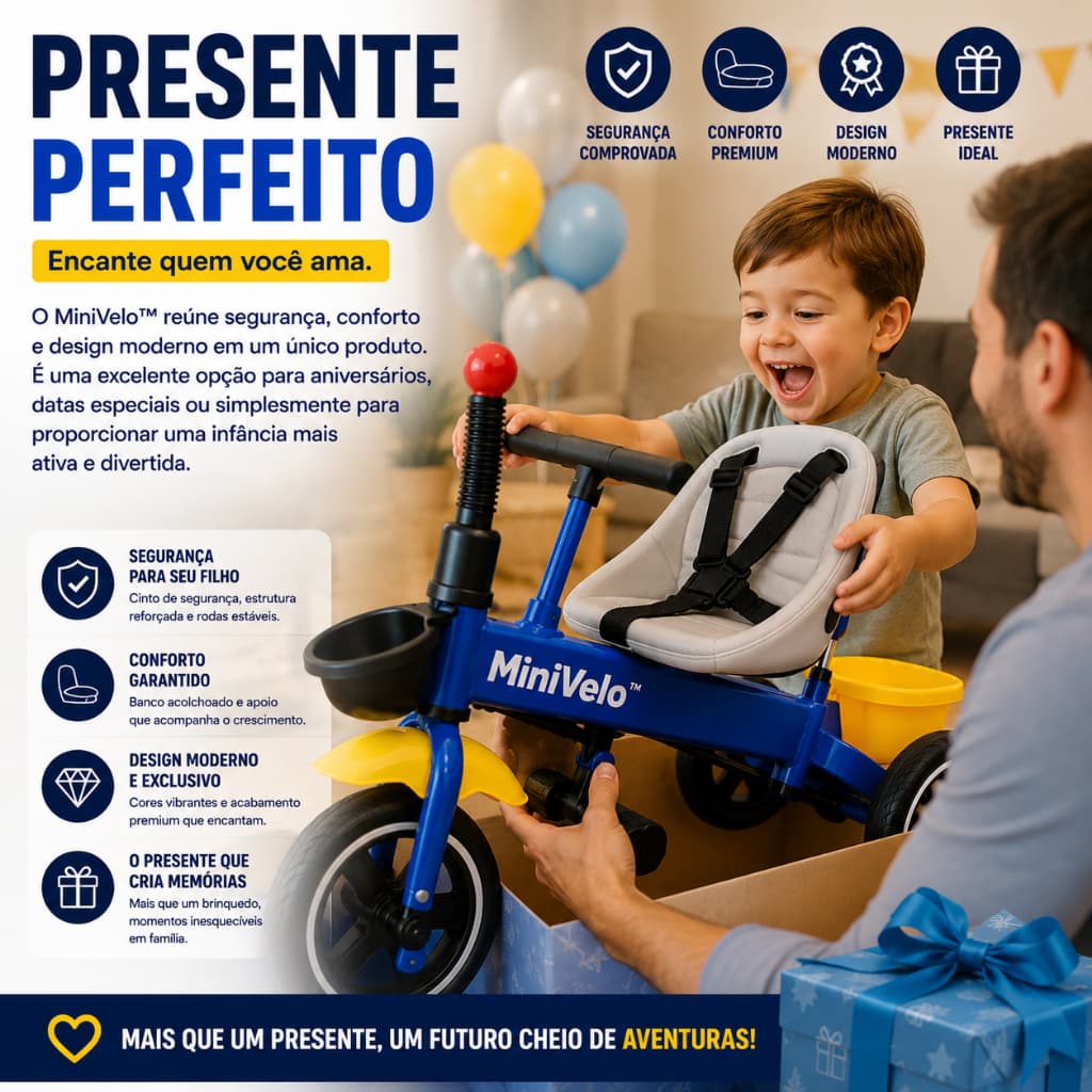 Triciclo Infantil com Empurrador Ajustável Cinto de Segurança Cadeirinha Acolchoada Azul MiniVélo™