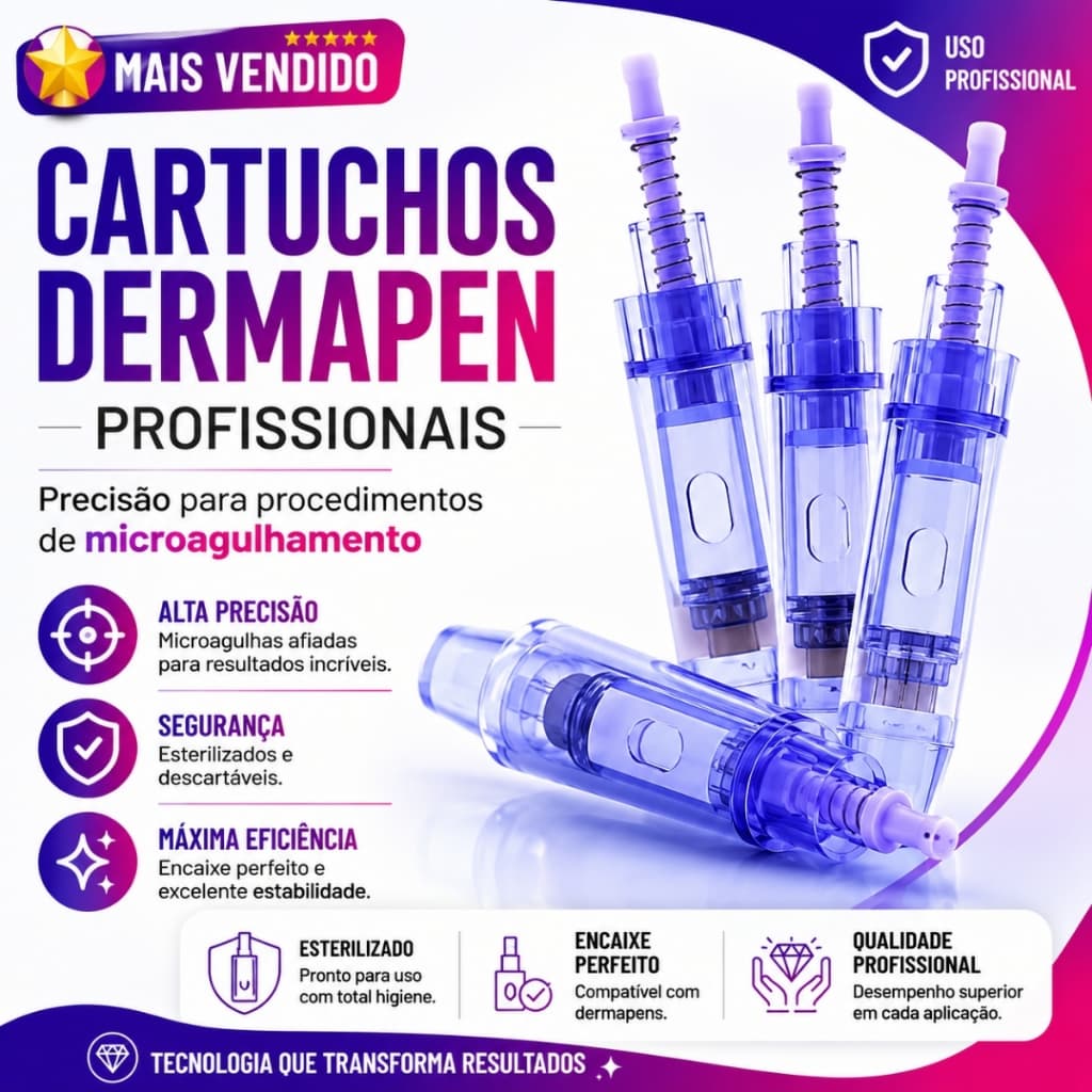 Cartucho Dermapen de Titânio | M1, 3, 5, 12, 24, 36 Pontas e Nano | Kit com 5, 10, 20, 30, 50 ou 100 Unidades