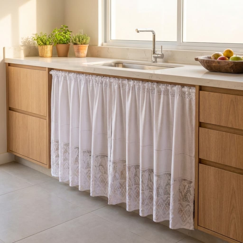 Cortina Para Pia Armário Balcão de Cozinha Renda Branca Decoração Tulipa 0,80cm X 1,50cm Branco