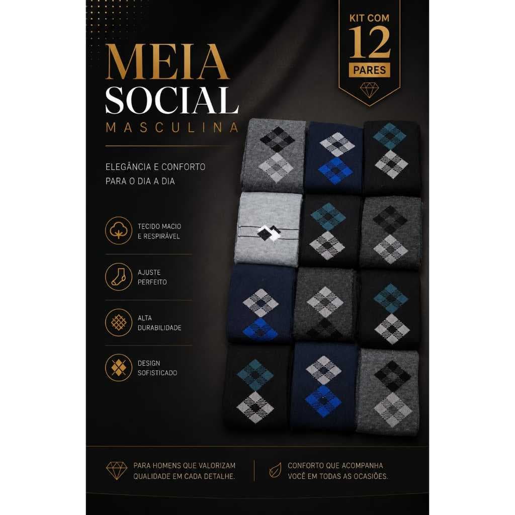Kit 6 e 12 pares Meias Sociais Masculinas Elegante Confortáveis Cano Longo Resistentes e Respiráveis veste do 40 ao 46