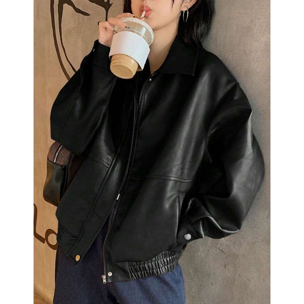 Jaqueta Feminina Casaco Couro Oversized Forrada Manga Longa Elegante Inverno