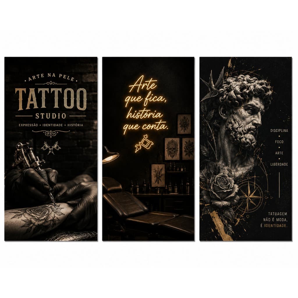 Kit 3 Quadros Tattoo Studio Tatuagem Decoração Barbearia Estúdio MDF