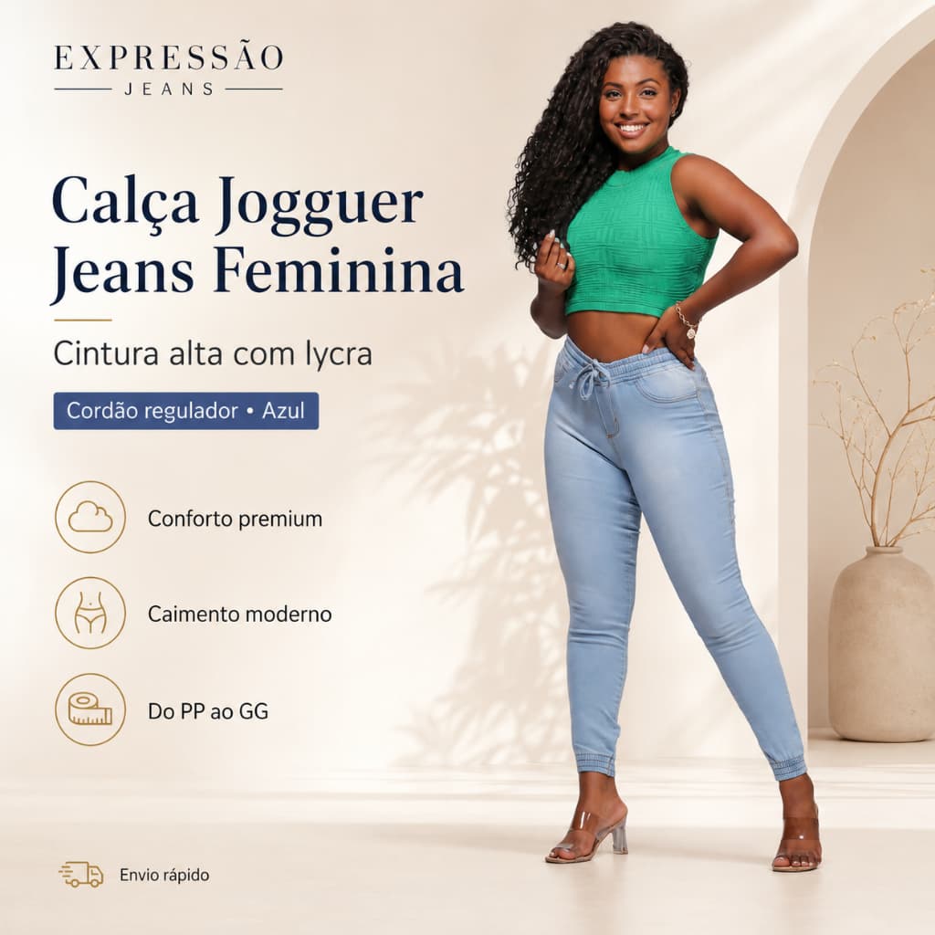 Calca Jogguer Jeans Feminina Cintura Alta Com Lycra com cordão Regulador