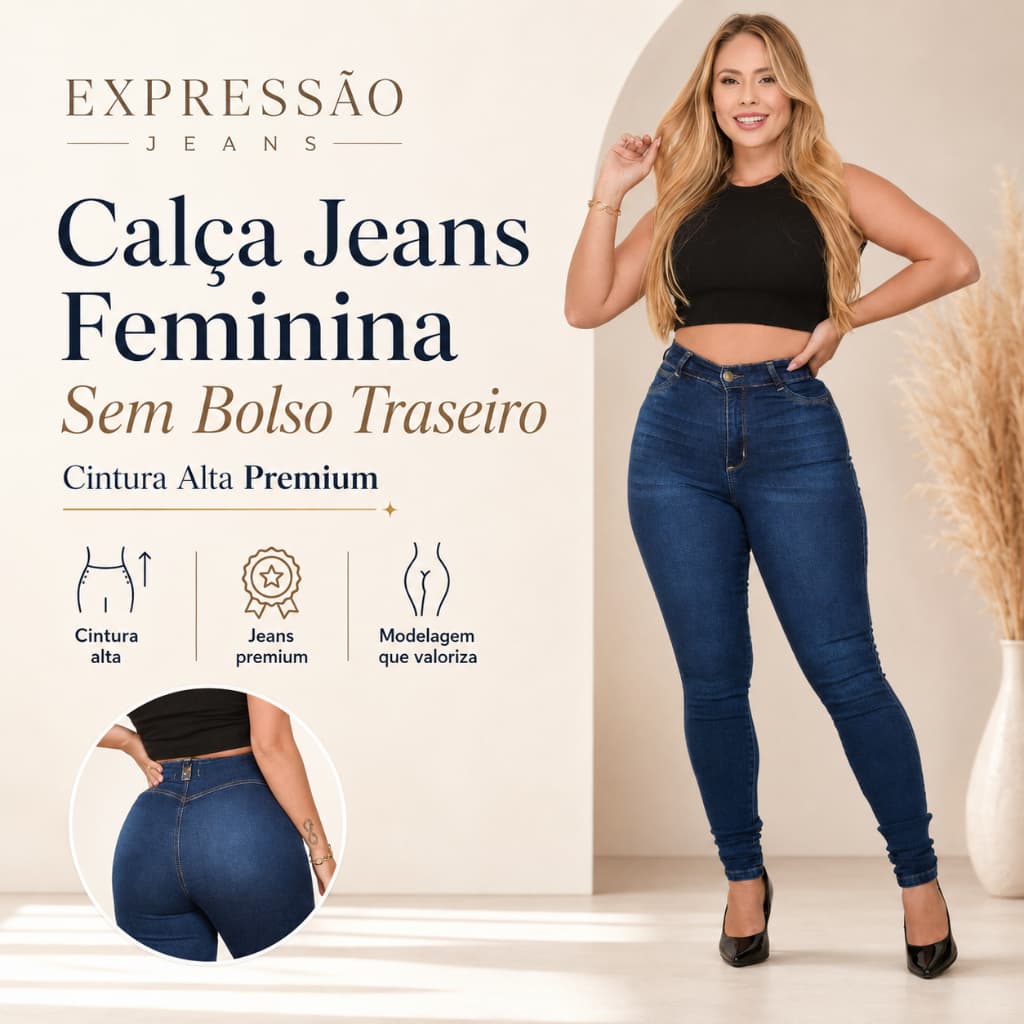 Calça Jeans Feminina Sem Bolso traseiro Premium Cintura alta