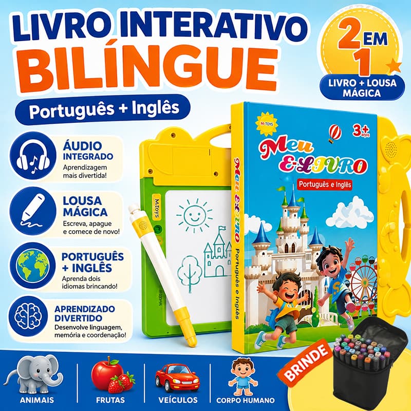 Livro Interativo com Som Infantil Bilíngue Português Inglês 2 em 1 Livro + Quadro de Escrita