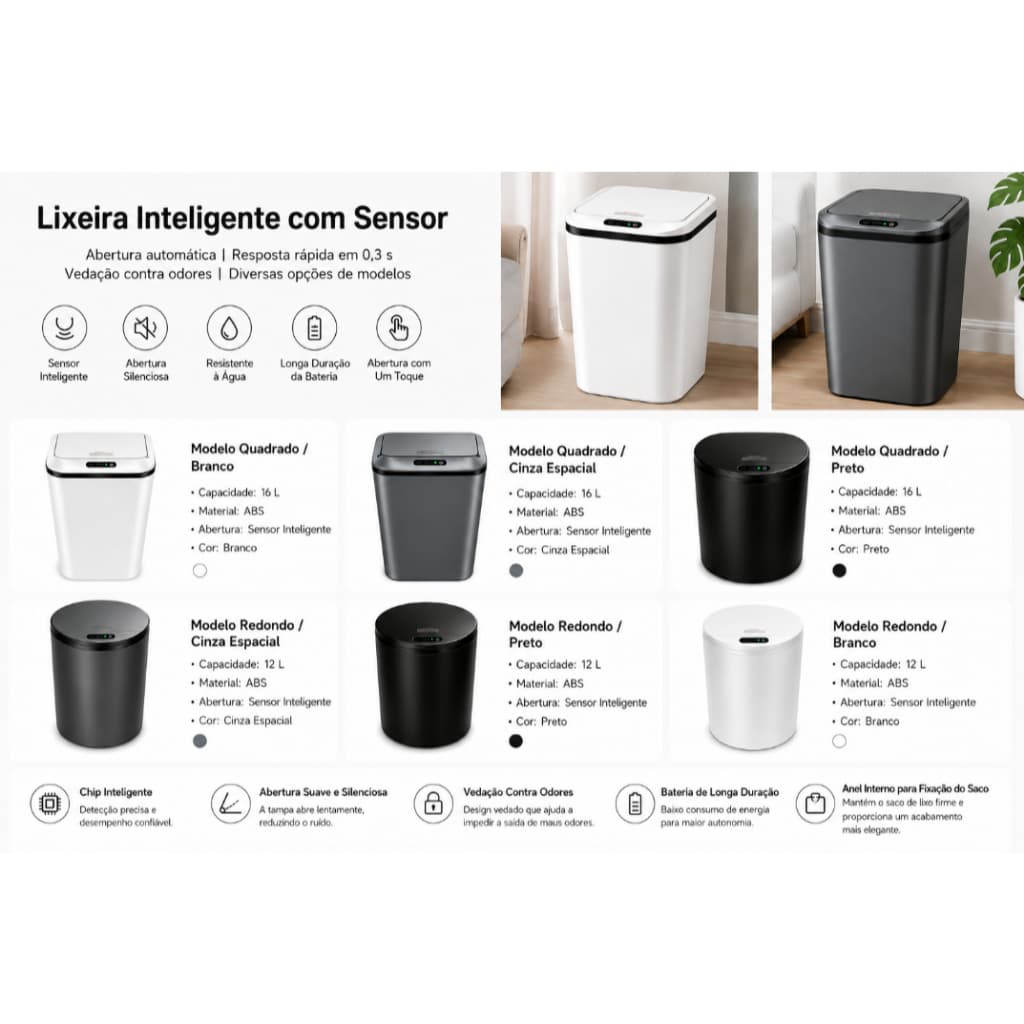 Lixeira Inteligente com Sensor Automático | Tampa Touchless, Silenciosa e Antiodor