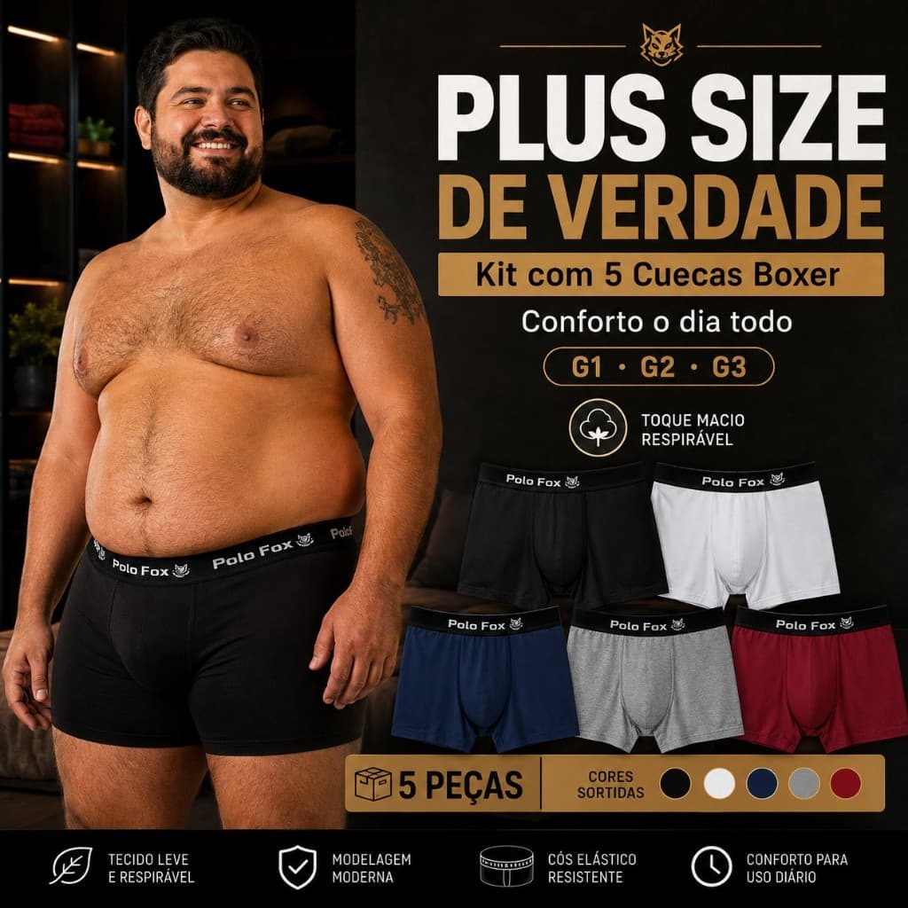 Kit 5 Cuecas Boxer Plus Size Masculina Polo Fox G1 G2 G3 Extra Grande Confortável