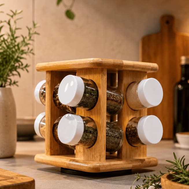 Porta Temperos Giratório Bambu 8 Potes de Vidro Organizador de Cozinha