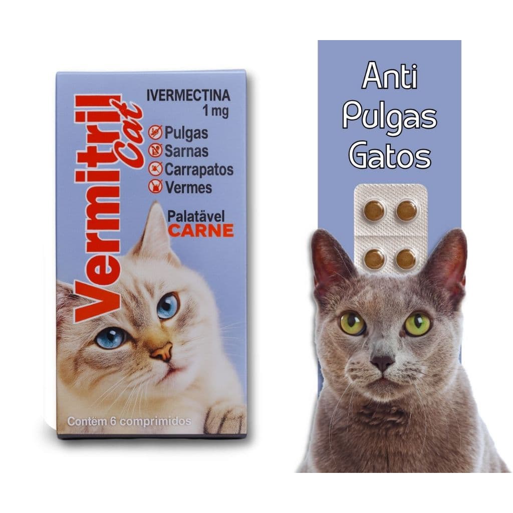 Vermitril Gatos - Remédio Anti Pulgas, Carrapatos, Vermes e Sarnas | Comprimidos Mastigáveis