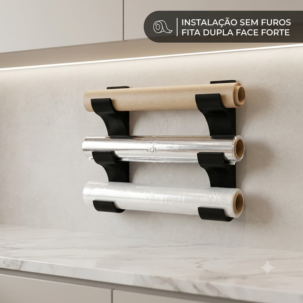 Suporte Organizador Para Papel Alumínio Filme PVC E Papel Manteiga Sem Furo
