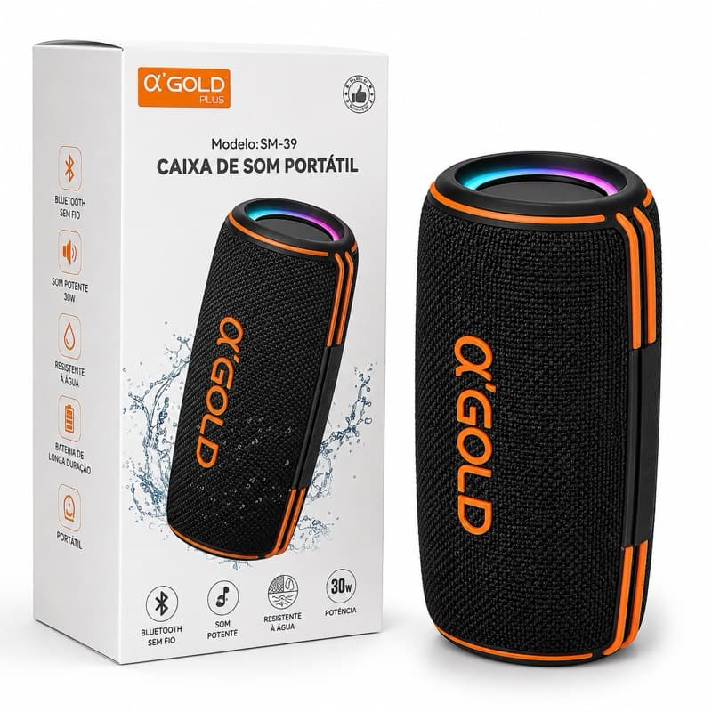 Caixa de Som Bluetooth A’Gold Plus SM-39 30W Portátil Sem Fio RGB Resistente Água Praia Piscina